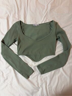 Zara Ribbed Long Sleeve Scoop Crop Top - Sage